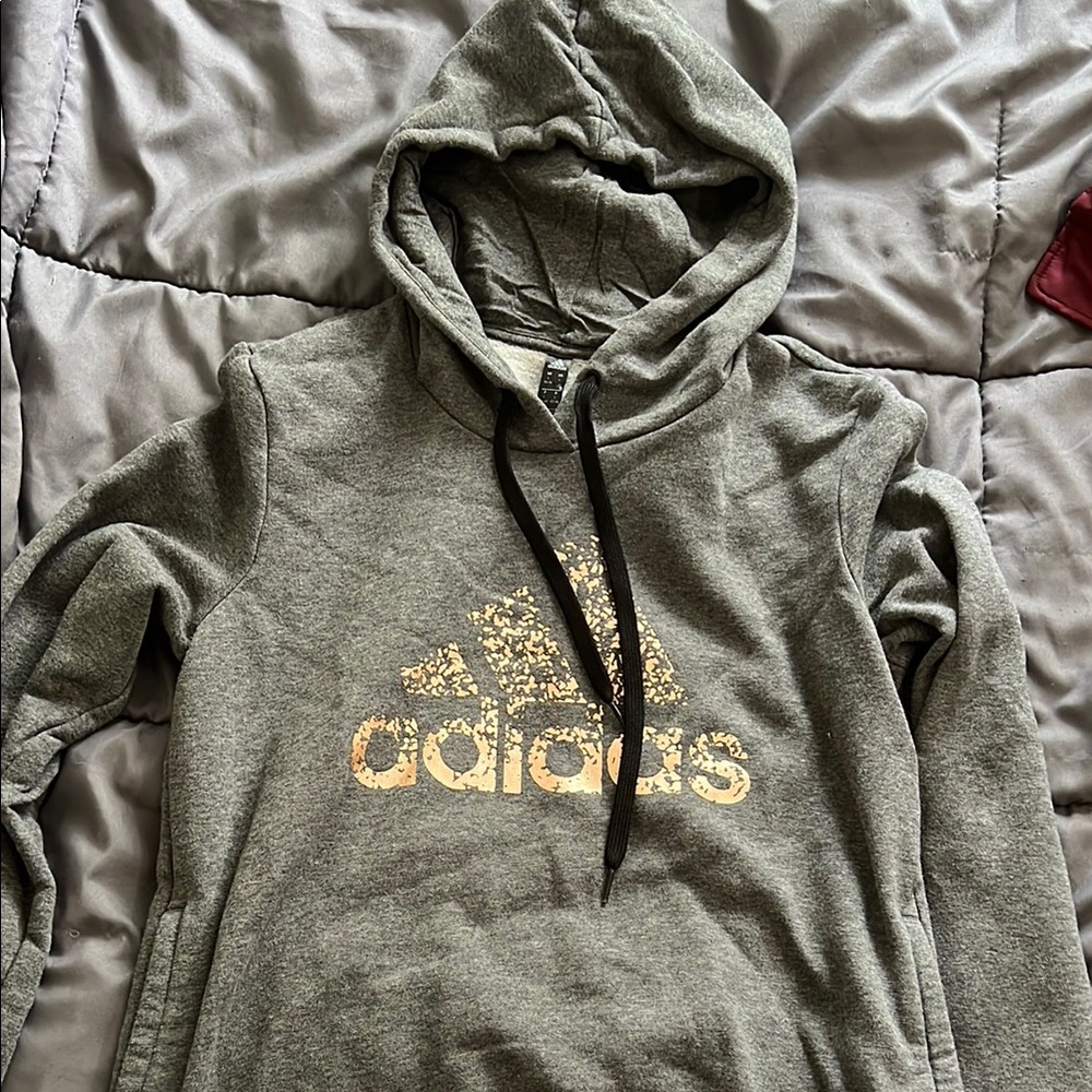 Adidas Heather Gray Hoodie with Metallic Gold Logo
